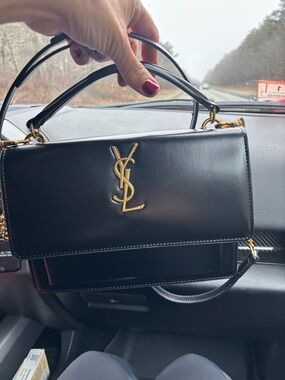 Saint Laurent Black Leather Shoulder Bag with Gold YSL Emblem